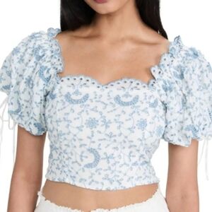 LoveShackFancy Sz 2 Blue and White Cropped Peasant Floral Blouse Side Zip